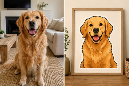 Before and after: a real golden retriever photo next to its framed Pawtrait Club cartoon portrait