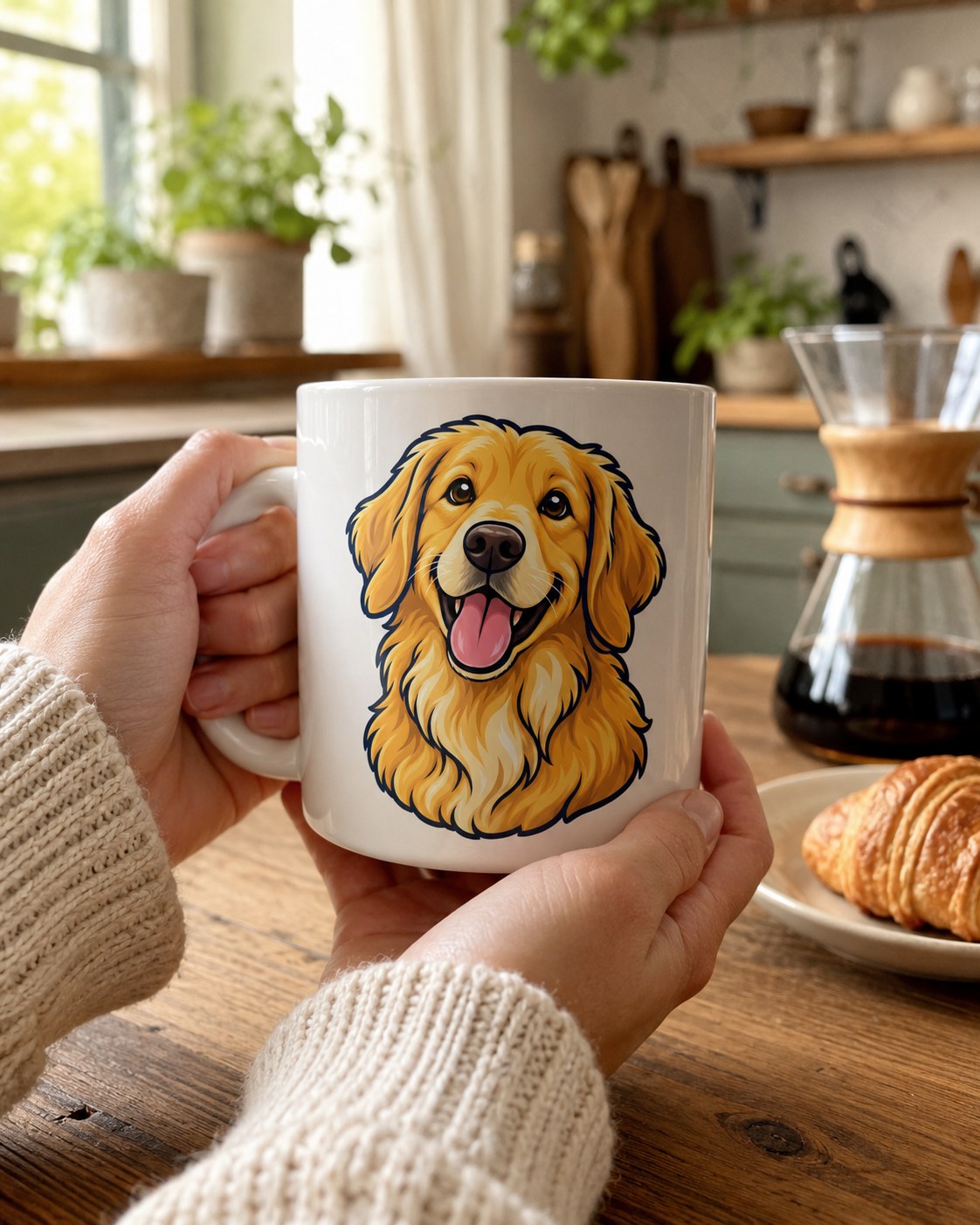 Hands holding a white Pawtrait Club ceramic mug with a cartoon golden retriever portrait in a sunny kitchen