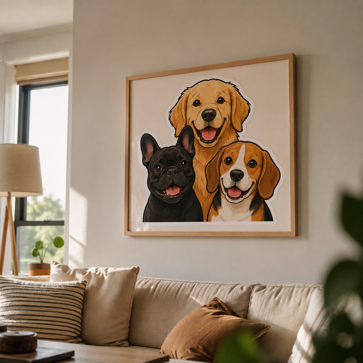 Framed custom pet portrait poster of a golden retriever, French bulldog and beagle hanging above a living room sofa