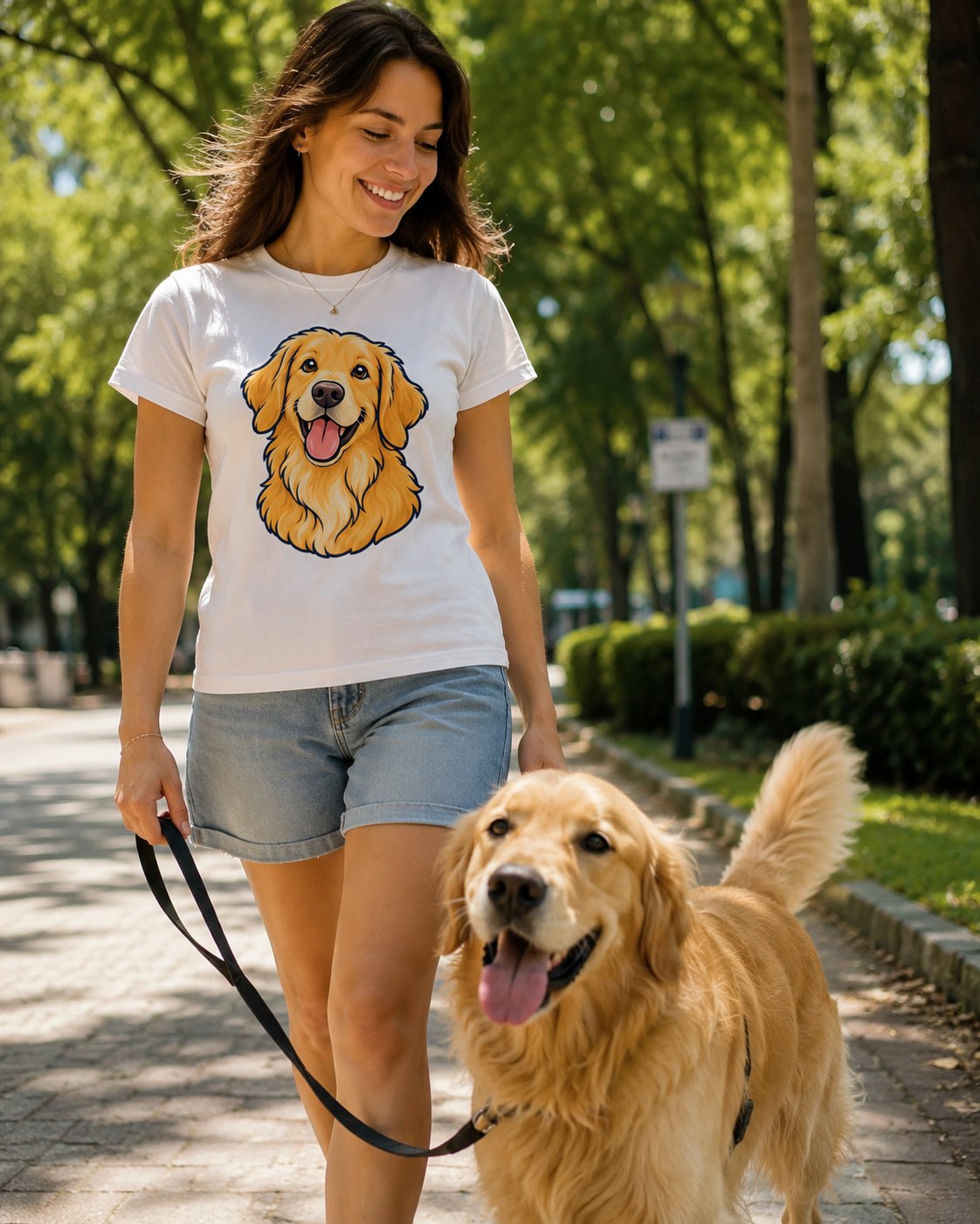 Woman walking her golden retriever in a park wearing a white Pawtrait Club t-shirt with a cartoon dog portrait